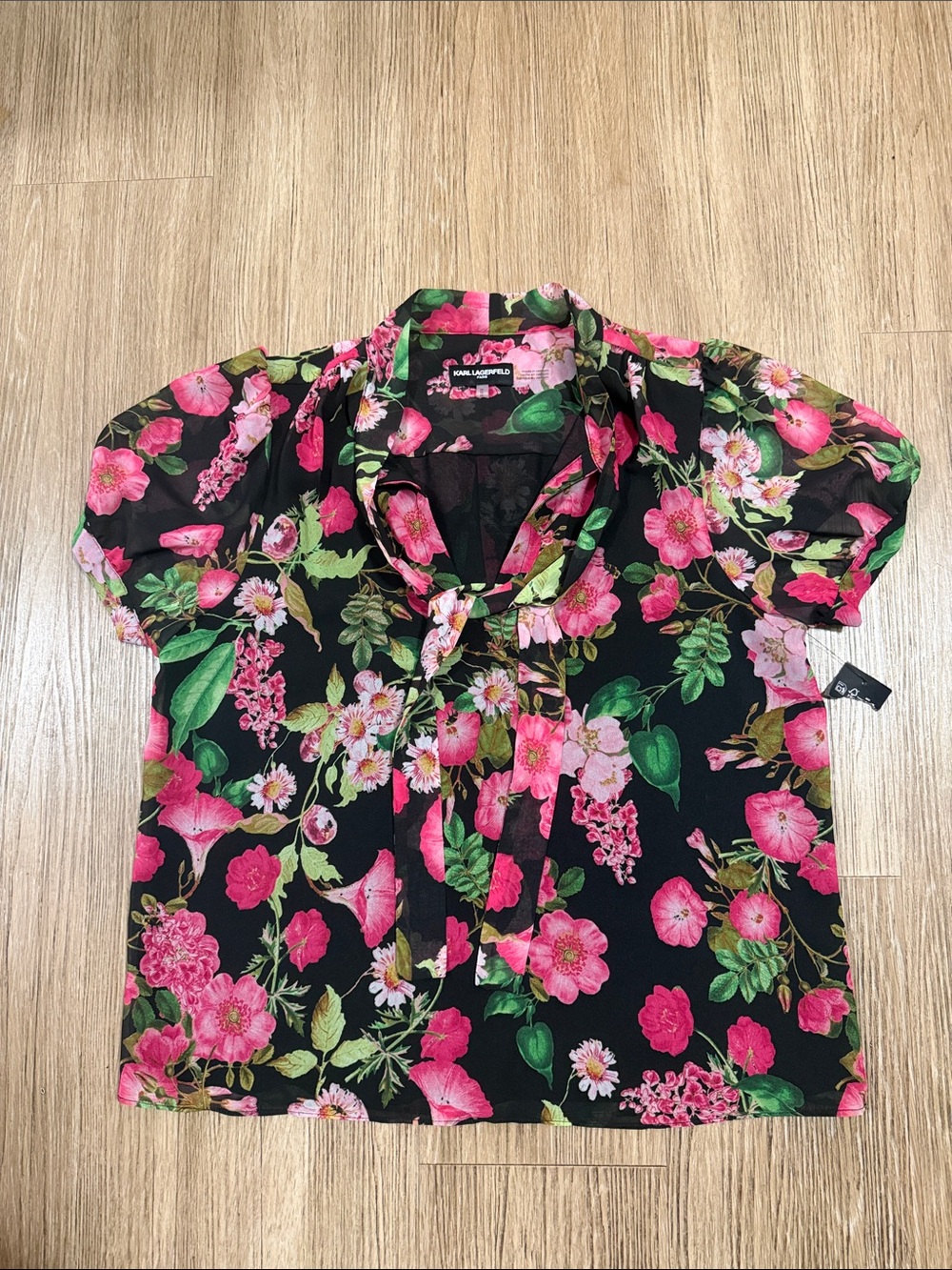 Karl Lagerfeld Floral Tie-Neck Blouse - Black/Pink M